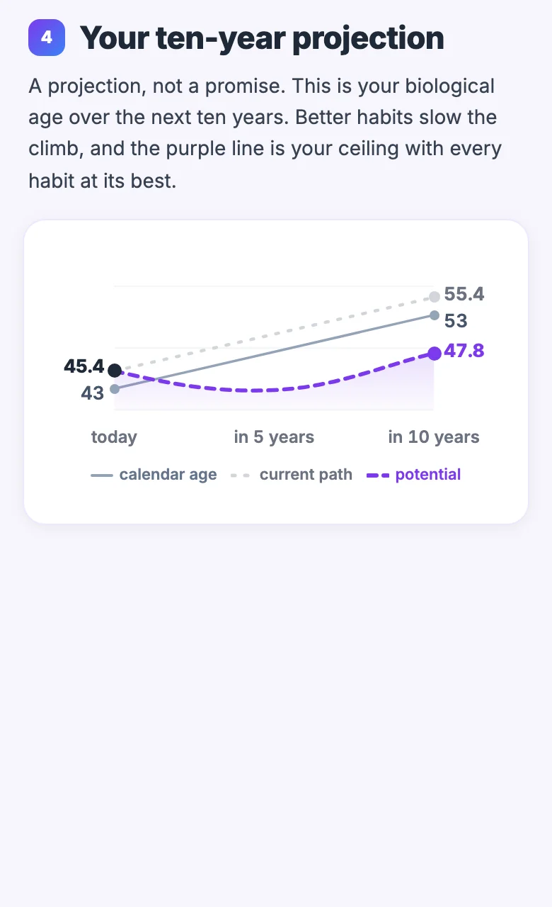 A piece of the example report. Your projection of biological age, on the current path and at your potential.